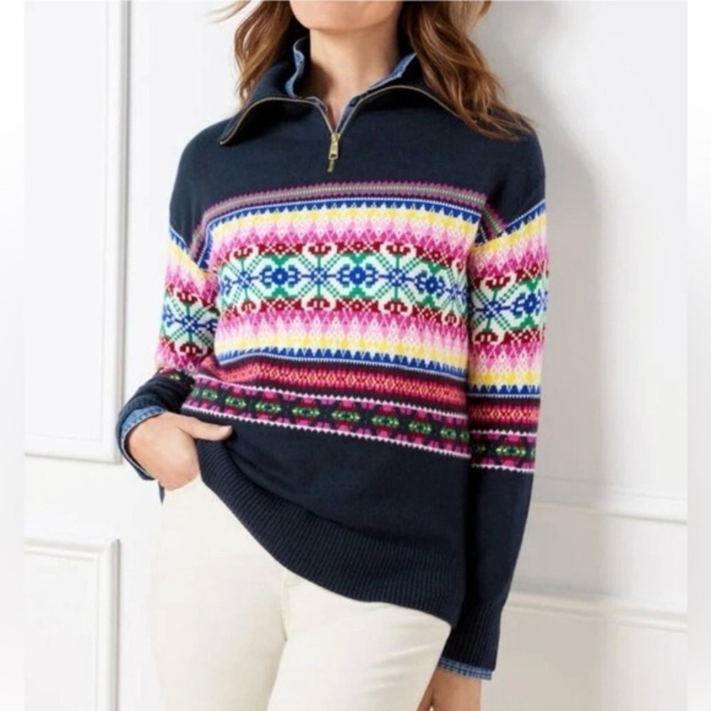 Talbots Petite Navy Fair Isle Quarter Zip Lambs Wool Blend Sweater P Multi Color